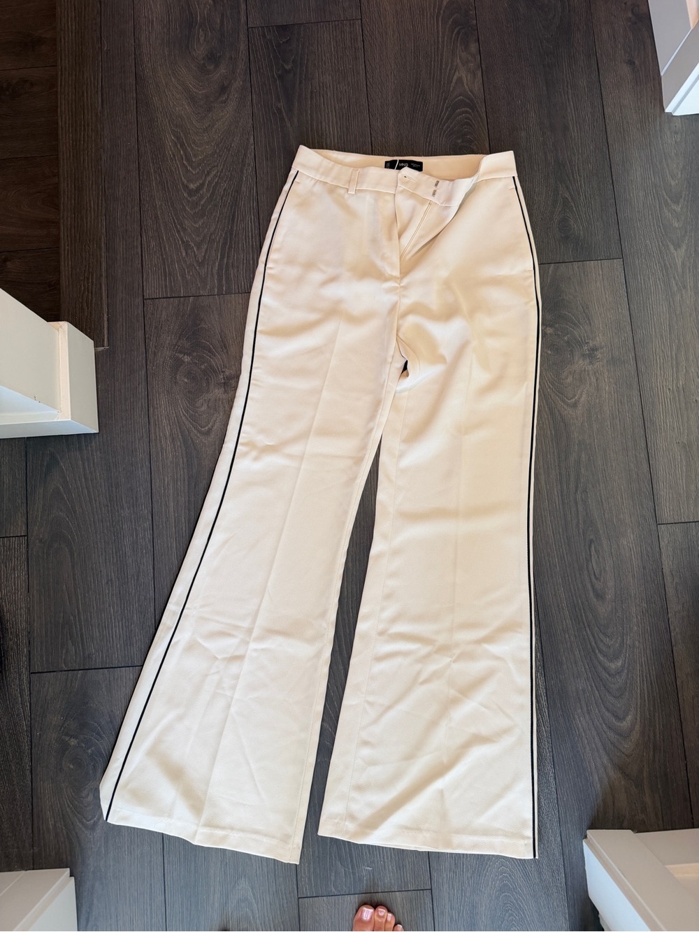 Mango Cream Wide-Leg Pants with Black Side Stripe